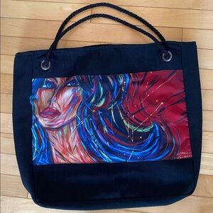 BEACH BAG Black Artistic Colourful Canvas Beach Tote Bag w Large Colourful Print